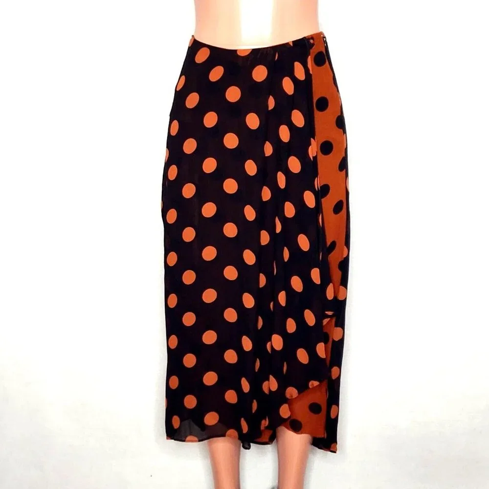 Maeve Anthropologie Oksana Midi Skirt Black Rust/Orange Polka Dots - Picture 2 of 8